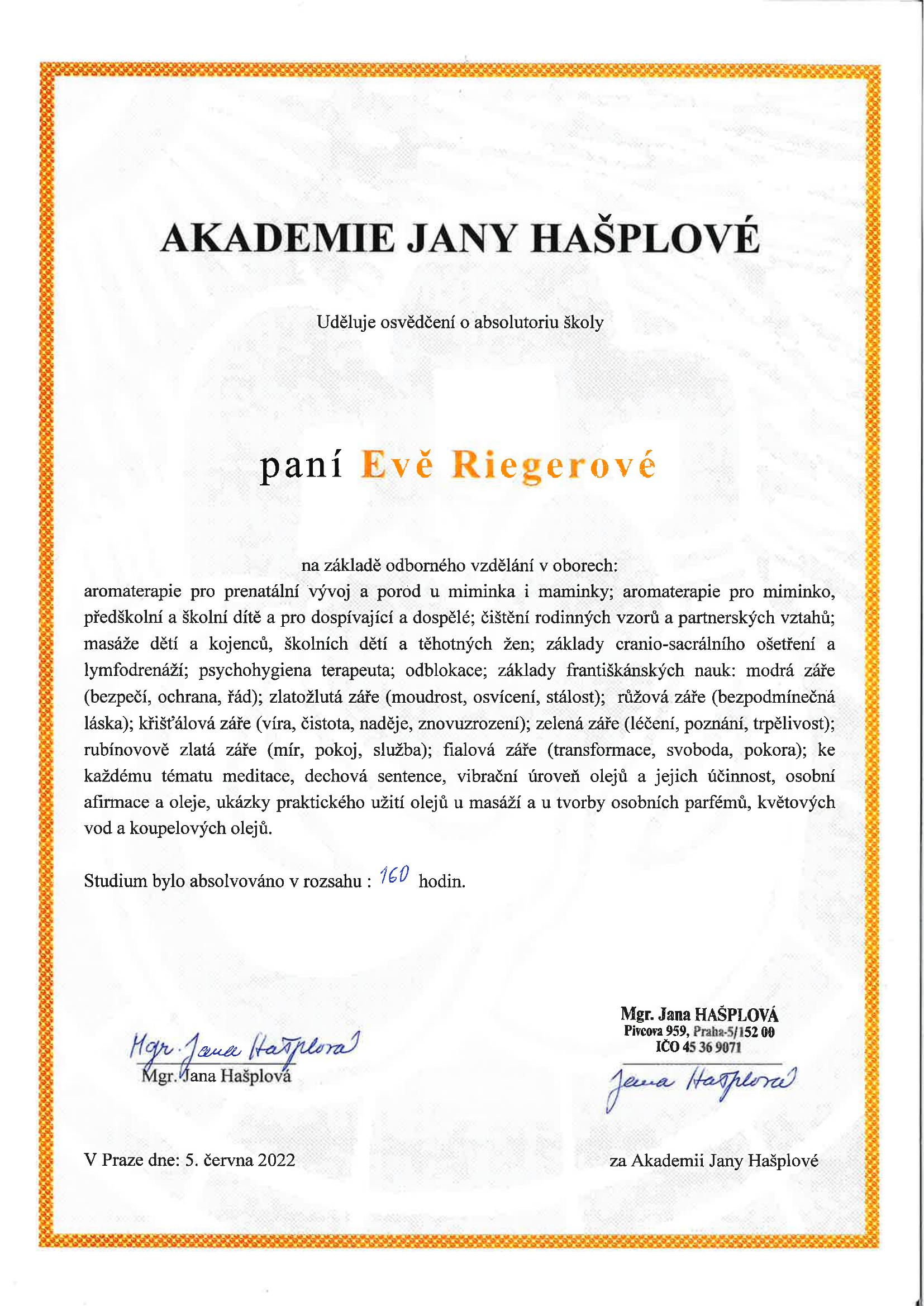 Certifikát – Absolutorium školy