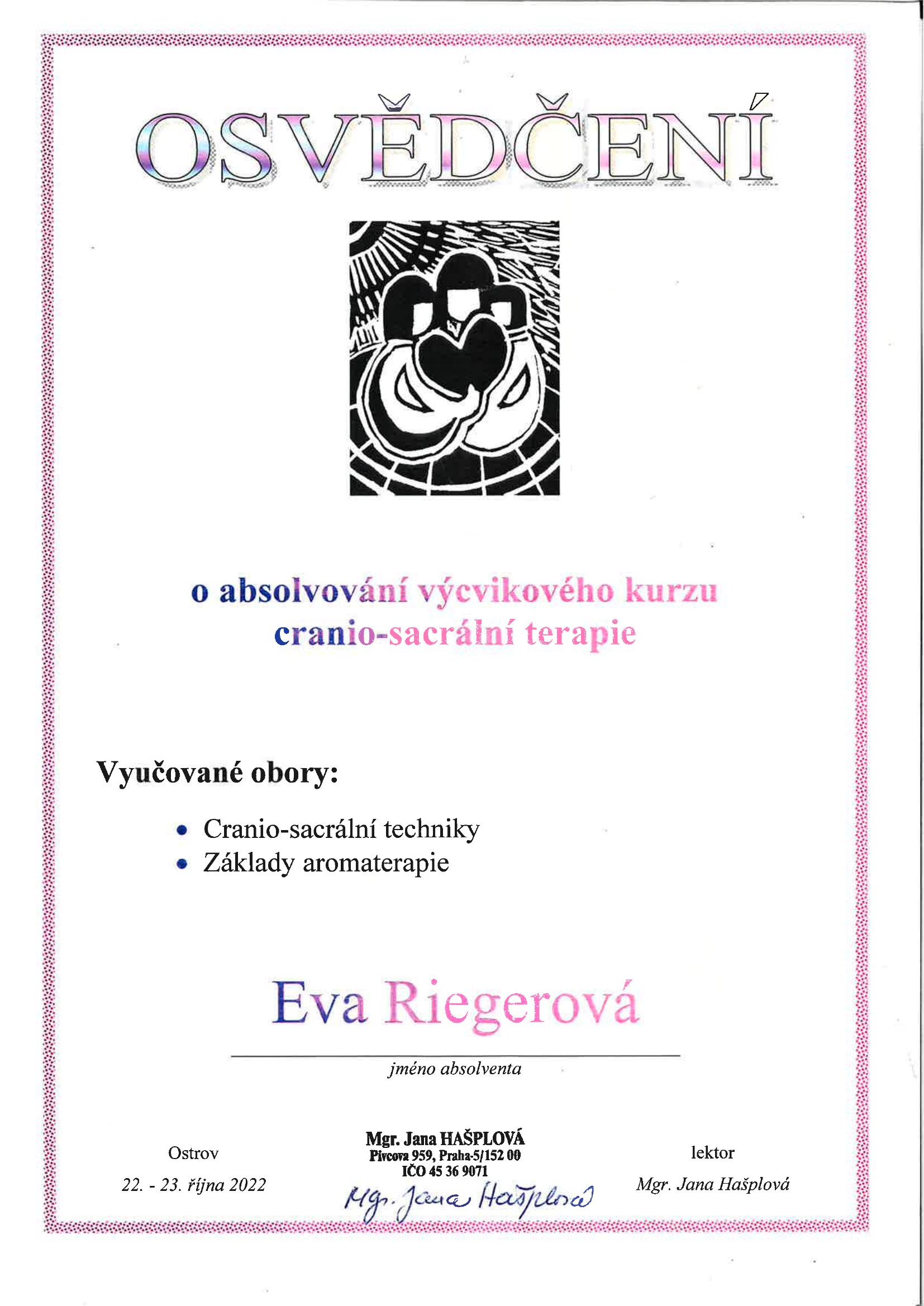 Certifikát – Cranio-sacrální terapie a aromaterapie
