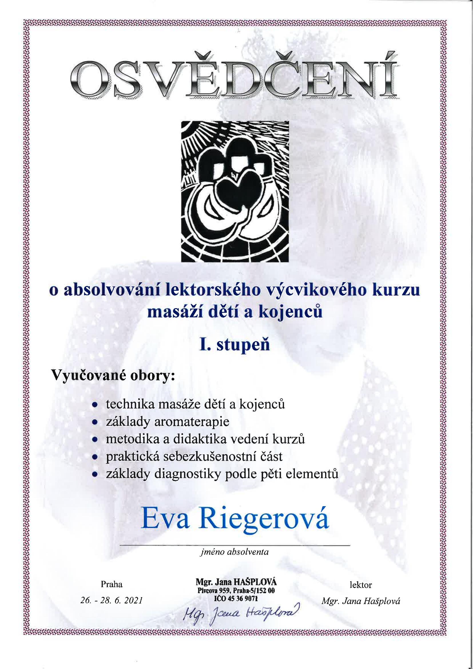 Certifikát – Masáže dětí a kojenců I. stupeň