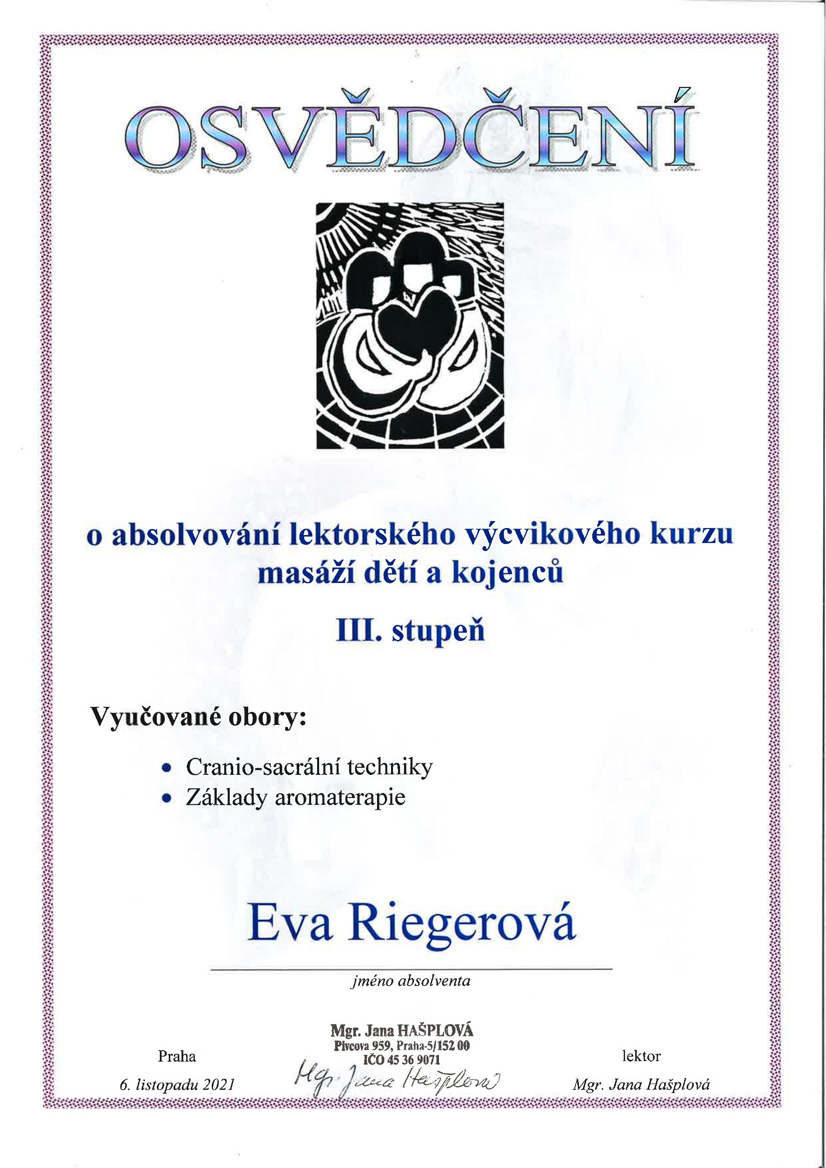 Certifikát – Masáže dětí a kojenců III. stupeň