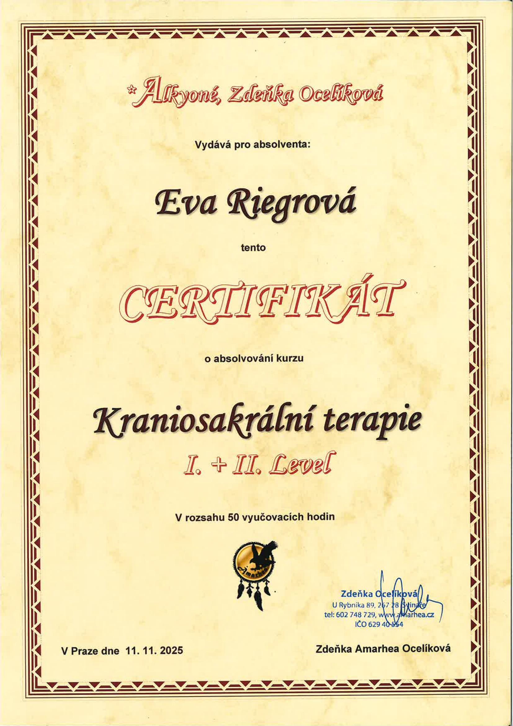 Certifikát – Kraniosakrální terapie I.+II. Level