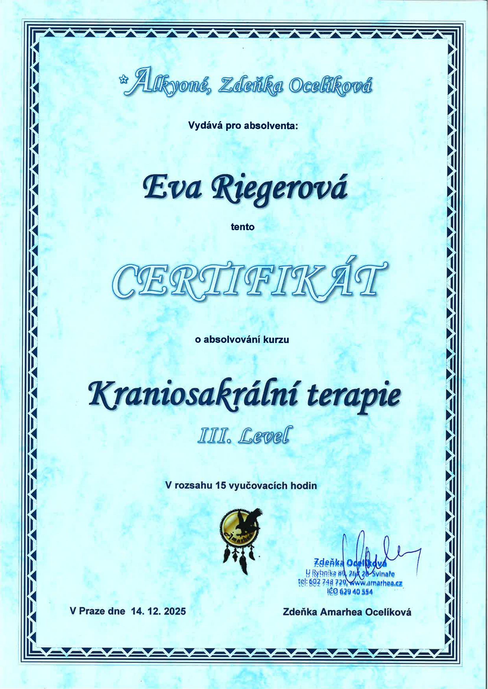 Certifikát – Kraniosakrální terapie III. Level