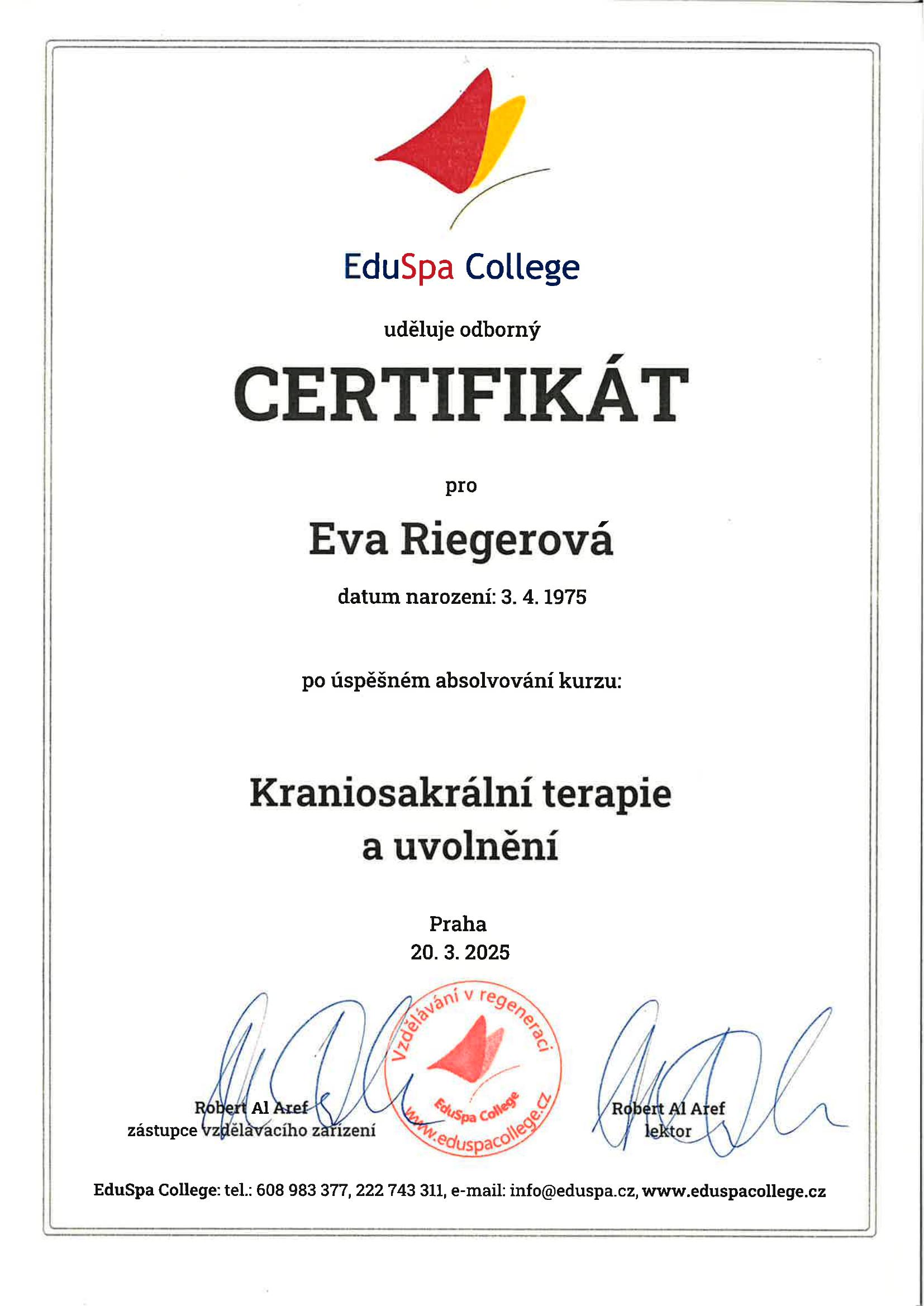Certifikát – Kraniosakrální terapie a uvolnění